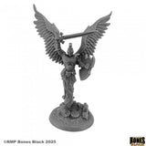 Gray angel figurine with wings and armor on a white background