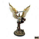 Figurine of a warrior with wings holding a sword on a white background