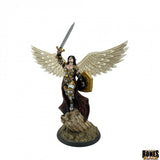 Statue of an angelic figure with wings and a sword on a white background