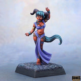Miniature figurine of a character with blue hair and purple outfit on a gray base