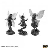 Three fairy figurines with transparent wings on a white background, featuring the 'Rampart Games' logo.