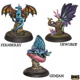 Three fantasy dragon figurines labeled 'Fernberry', 'Dewdrop', and 'Gemjam' on a white background.