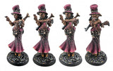 Four identical figurines with pink outfits and hats on a white background