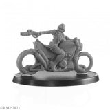 Gray scale model of a person on a motorcycle with a gun, on a white background.