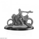 Gray 3D-printed figure of a person on a motorcycle with a gun, on a white background.