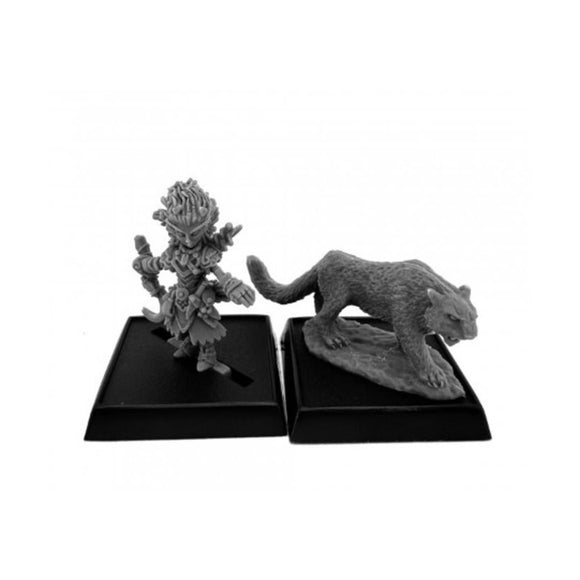 Two gray figurines on black stands against a white background
