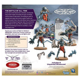 HeroScape game packaging with miniatures and game components on a blue and gray background