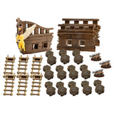 Toy pirate ship and fort set with various accessories on a white background