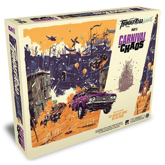 Board game box with a colorful illustration of a car and carnival scene, featuring the title 'Carnival Chaos'.