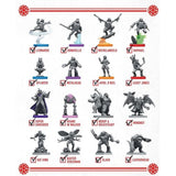 Collection of toy figures with labels on a white background