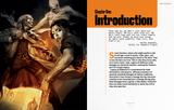 Book page with illustration of a character and text on a dark background