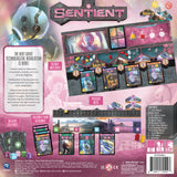 Back cover of a board game titled 'Sentient' with game components and text.