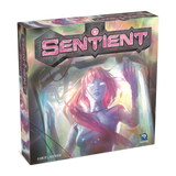 Board game box titled 'Sentient' with a character illustration on a white background