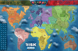 World map with color-coded regions on a 'Risk' board game board.