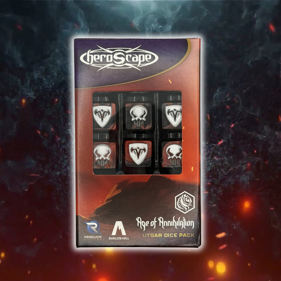 Dice pack with game-themed design on a fiery background