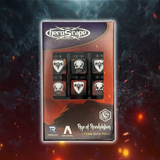 Dice pack with game-themed design on a fiery background