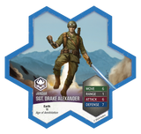 Hexagonal card featuring a character named Sgt. Drake Alexander with game stats on a mountainous background.