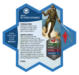 Hexagonal game card featuring a soldier character with game rules and statistics.