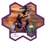 Hexagonal game card featuring a warrior in a purple outfit with combat poses against a traditional Japanese architecture background.