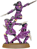 Three purple fantasy warrior figurines on a white background