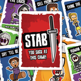 Card game with 'STAB' card featuring a knife and text, surrounded by other colorful cards.