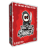 Board game box titled 'Don't Get Stabbed!' with a red background and cartoon character holding a sword.