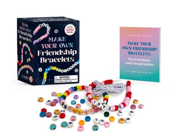 Make your own friendship bracelets kit with packaging and materials on a white background
