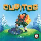 Front cover of the board game Cubitos, featuring the title in large orange letters at the top. The illustration shows a game piece shaped like a cheese wedge with green straps and legs, standing on stone blocks on a grassy hill with snowy mountains in the background.