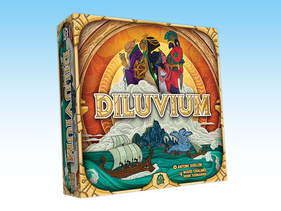 Board game box for 'Diluvium' with colorful artwork on a light blue background