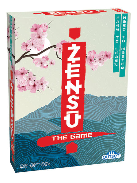 Board game box titled 'Zensu' with cherry blossoms and ocean waves design.