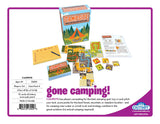 Board game packaging for 'Campsite' with game pieces and rules on a white background