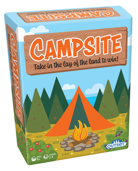 Board game box for 'Campsite' by Outset Media with camping scene on the cover.