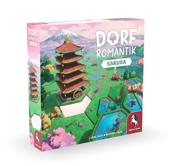 Board game box titled 'Dorf Romantik Sakura' with colorful illustration on a white background