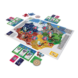 Board game with colorful tiles and pieces on a transparent background