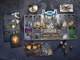 Board game components including cards and a character card titled 'Gunslinger' on a dark surface.