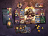 Board game setup with cards and dice on a dark surface, featuring a Samurai theme.