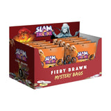 A retail display box of Slam Throne Fiery Brawn Mystery Bags, featuring orange individual bag packs inside a red cardboard display with character graphics.