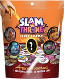 A bag of Slam Throne 'Fiery Brawn' mystery game contents, featuring an orange and dark red package with illustrations of buttons, a question mark button, and a hand holding a token.