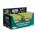 A retail display box of Slam Throne Tactical Fury Mystery Bags, showing multiple lime green individual packet bags arranged inside a dark teal display stand with character artwork.