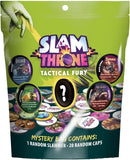 A bag of Slam Throne Tactical Fury mystery game contents, featuring a bright lime green and dark teal package design with the Slam Throne logo, several illustrated game tokens, and text stating 'Mystery Bag Contains: 1 Random Slammer + 20 Random Caps'.