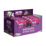 A retail display box of Slam Throne Outcasts mystery bags, featuring pink individual card packs inside a purple box with character illustrations.