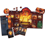 A board game set displayed on a solid green background, featuring a central game board with a large fiery barbarian character illustration, multiple character cards, action cards, dice, and tokens. The board includes visible text and artwork for a game titled Barbarian.