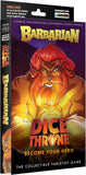 Front and spine of the 'Barbarian Dice Throne' collectible tabletop game box, featuring a stylized illustration of a muscular lion-like warrior with red hair and beard against a purple background.
