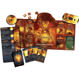 Pyromancer board game set displayed on a solid green background, showing the main game board, character card, action cards, dice, and a coin.