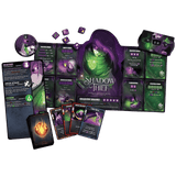Shadow Thief board game components arranged on a solid green background, including the main game board, player cards, action cards, dice, and a character portrait card.