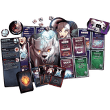 A tabletop game board and card set arranged on a solid green background. The set includes a large illustrated board with a wolf character, multiple character cards, action cards, a coin, and other game components.
