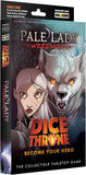 Front and spine of the 'Pale Lady Werewolf: Dice Throne' collectible tabletop game box, featuring illustrated artwork of a pale woman and a werewolf with glowing orange eyes on a dark background.