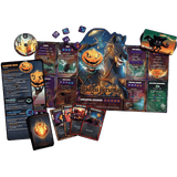 Headless Horseman board game set displayed on a solid green background, including the main game board, player cards, action cards, dice, a coin, and a small accessory box.