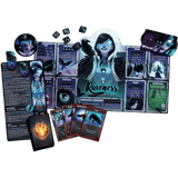 Raveness Fantastic Ironboss tabletop game components arranged on a solid green background, including the main board, character card, action cards, play cards, tokens, and dice.