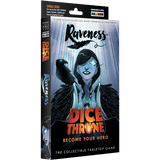 Raveness Dice Throne collectible tabletop game box shown at a slight angle against a solid green background. The box art features a stylized raven woman with glowing eyes, a black bird on her shoulder, and the title 'Dice Throne' in large orange-red letters.
